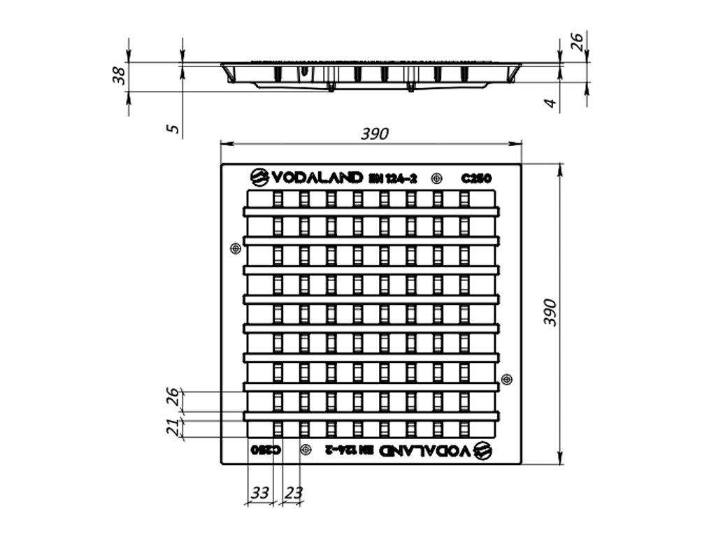 Grătar pluvial din fontă ductilă în grilă (390x390x38 mm) pentru cămin Base 400x400 clasa de sarcini C250