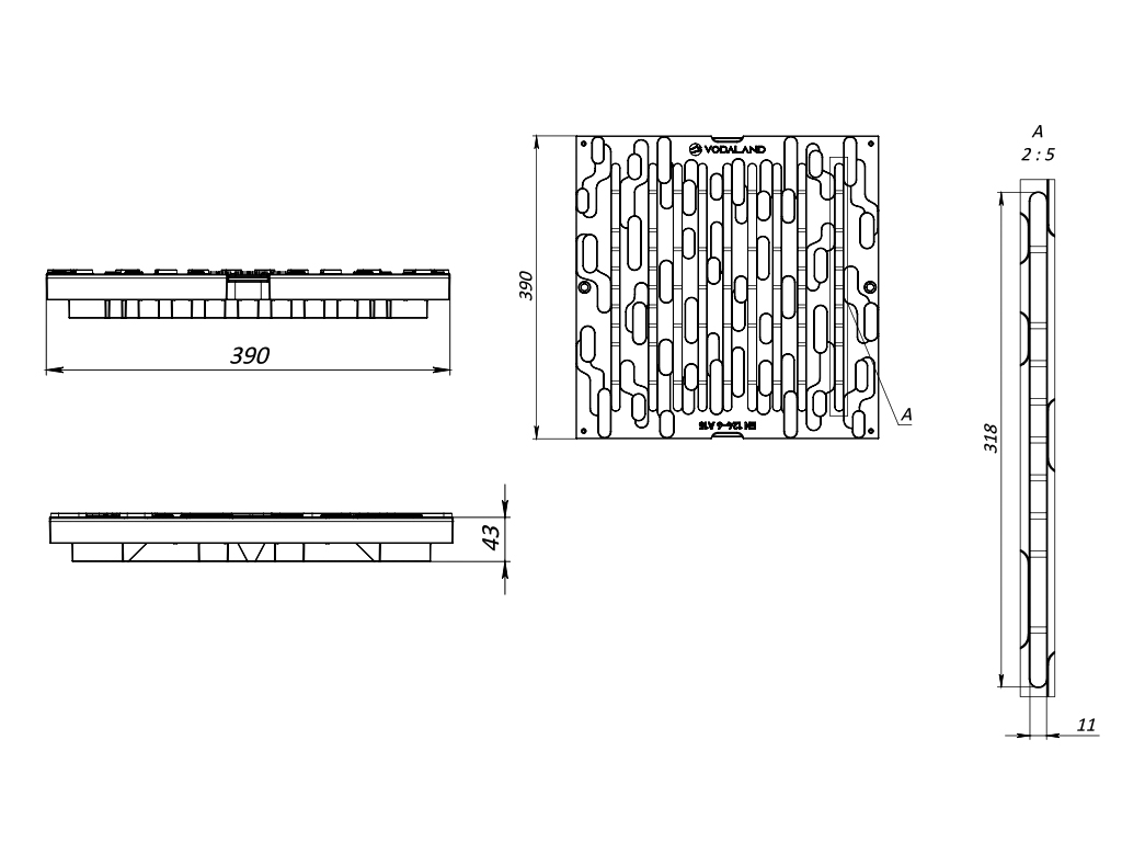Решетка ливневая пластиковая щелевая (390X390XH43 мм) класс нагрузки A15, для дождеприемника BASE 400X400