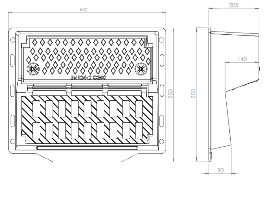 Gratar, fontă tip Bordura Negru 550x650mm,cu inchizator, clasa de sarcini C250, (650x550x205mm)