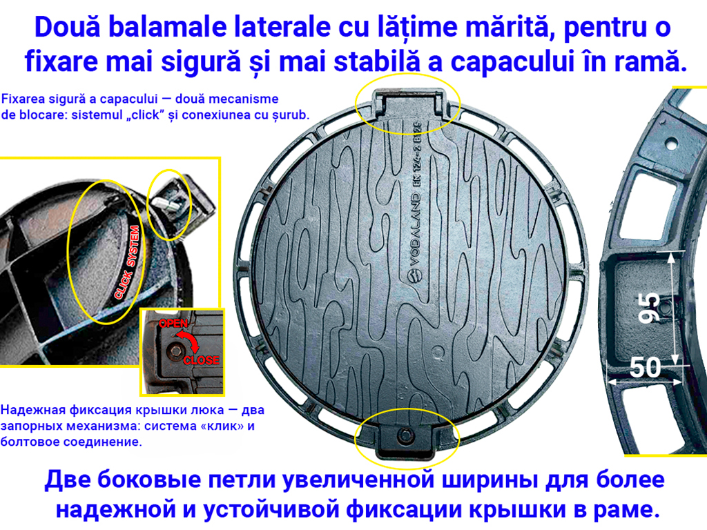 Capac fontă rotund cu ramă Dext=700mm, pas liber=550mm, H=65mm cu închizător, clasa de sarcini B125