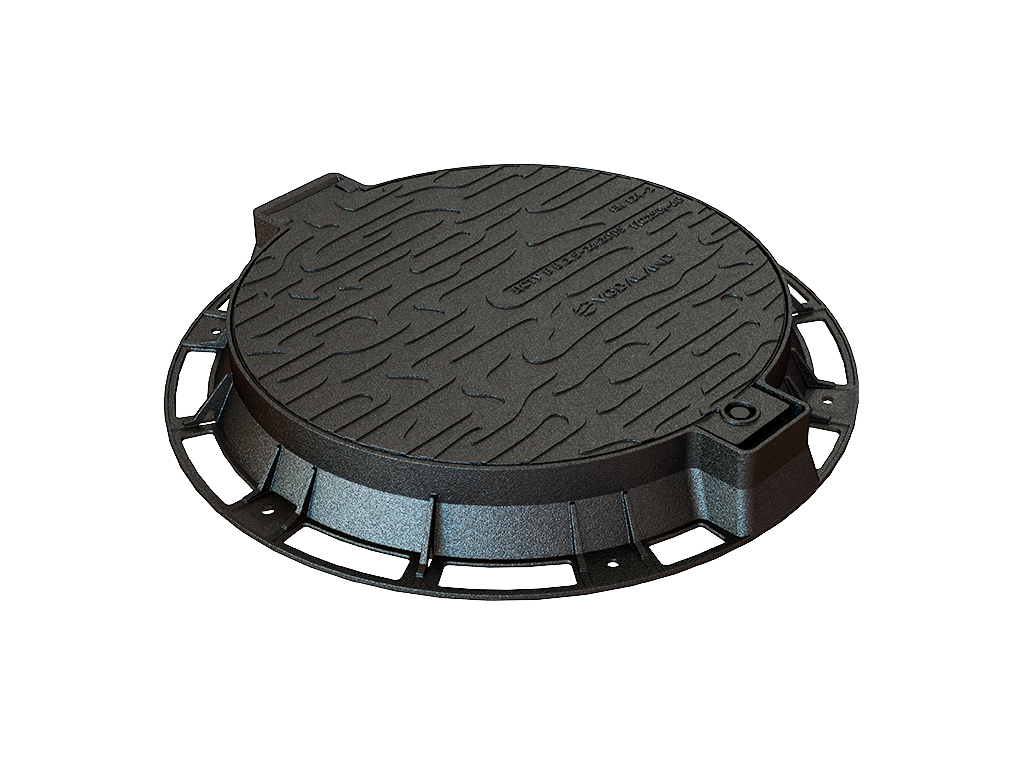 Capac fontă rotund cu ramă Dext=700mm, pas liber=550mm, H=80mm cu închizator, clasa de sarcini C250