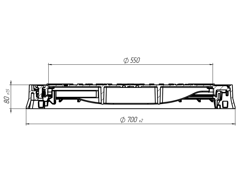 Capac fontă rotund cu ramă Dext=700mm, pas liber=550mm, H=80mm cu închizator, clasa de sarcini C250