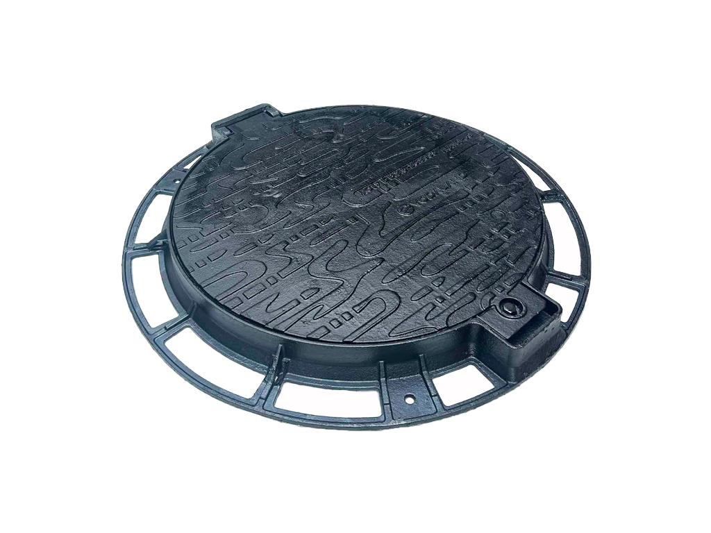 Capac fontă rotund cu ramă Dext=800mm, pas liber=600mm, H=60mm cu închizător, clasa de sarcini A15 