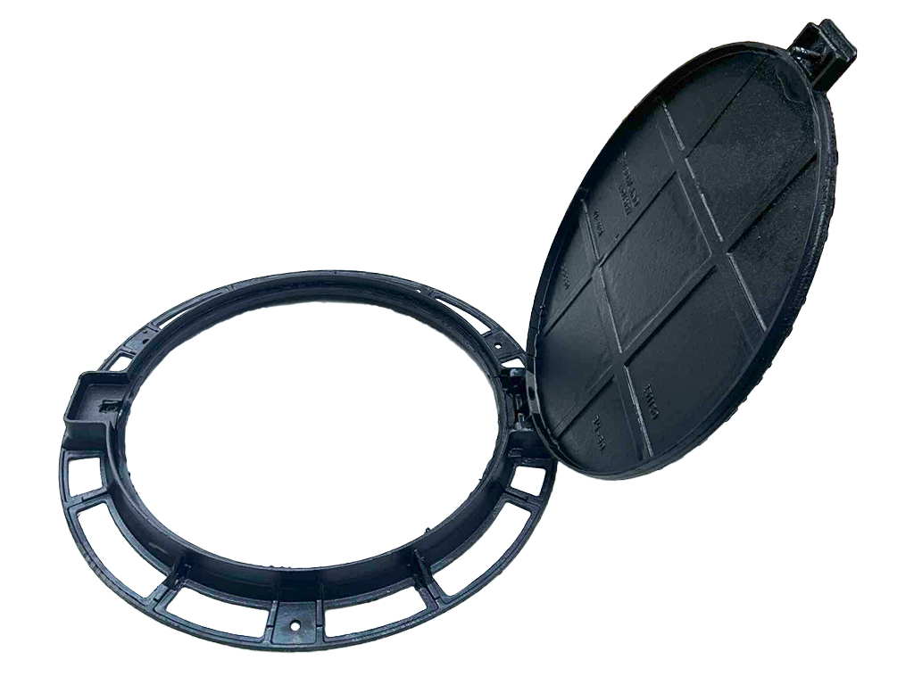 Capac fontă rotund cu ramă Dext=800mm, pas liber=600mm, H=60mm cu închizător, clasa de sarcini A15 