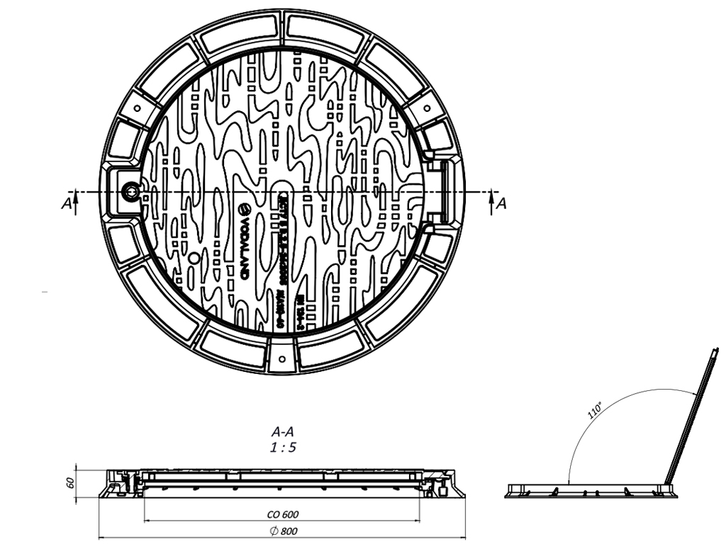 Capac fontă rotund cu ramă Dext=800mm, pas liber=600mm, H=60mm cu închizător, clasa de sarcini A15 