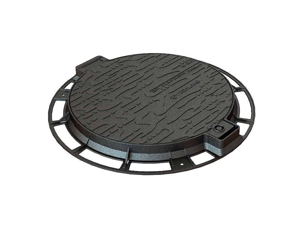 Capac fontă rotund cu ramă Dext=800mm, pas liber=600mm, H=65mm cu închizător, clasa de sarcini B125