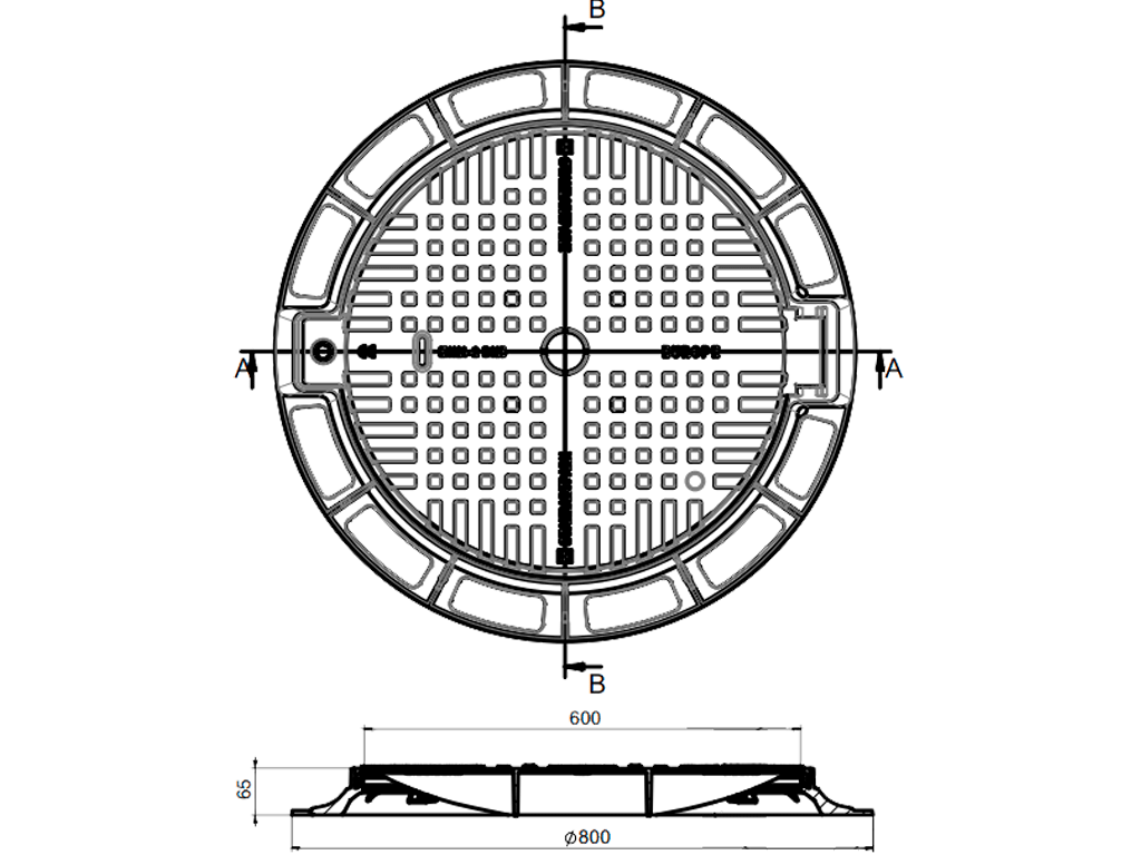 Capac fontă rotund cu ramă Dext=800mm, pas liber=600mm, H=65mm cu închizător, clasa de sarcini B125