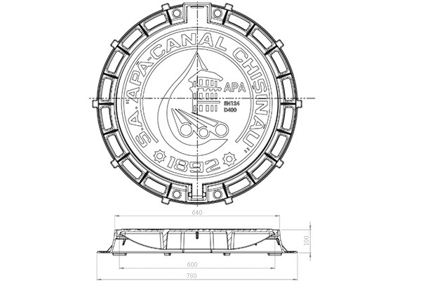 Capac din fonta ductila ACC pentru retele de apeduct, clasa de sarcini D400 (820x600x100)