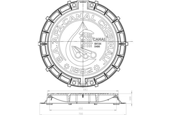 Capac din fonta ductila ACC pentru retele de canalizare, clasa de sarcini D400 (820x600x100)