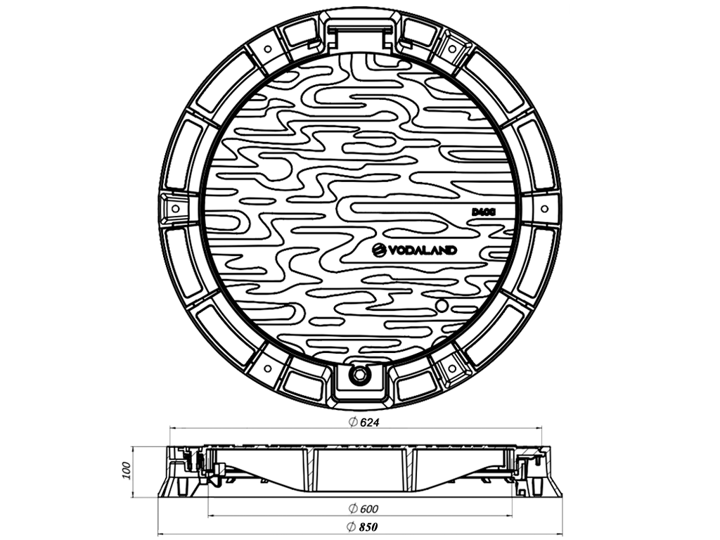 Люк чугунный канализационный с рамой D=850мм, проход 600мм (850x600xH100мм) с запорным устройством, класс нагрузки D400 
