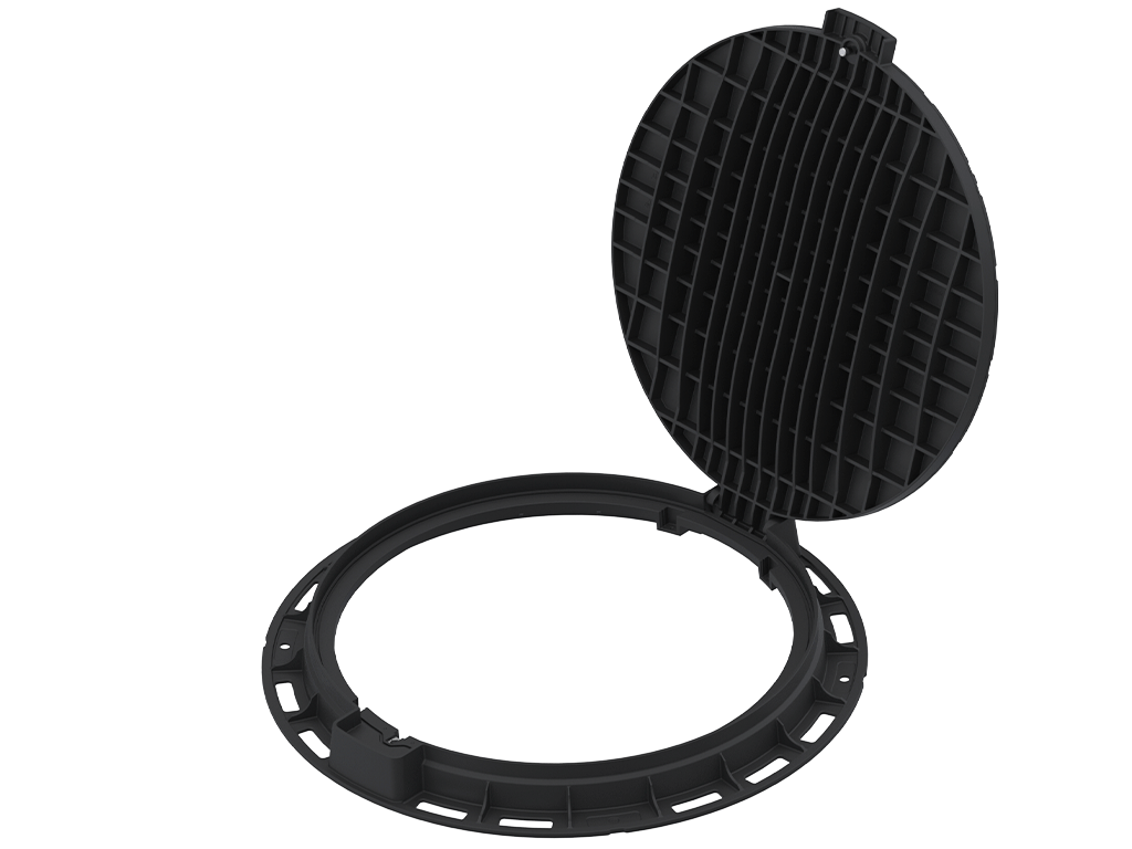 Capac plastic rotund negru Dext=800 mm, pas liber=600 mm, H=74 mm cu lacăt, clasa de sarcini A15