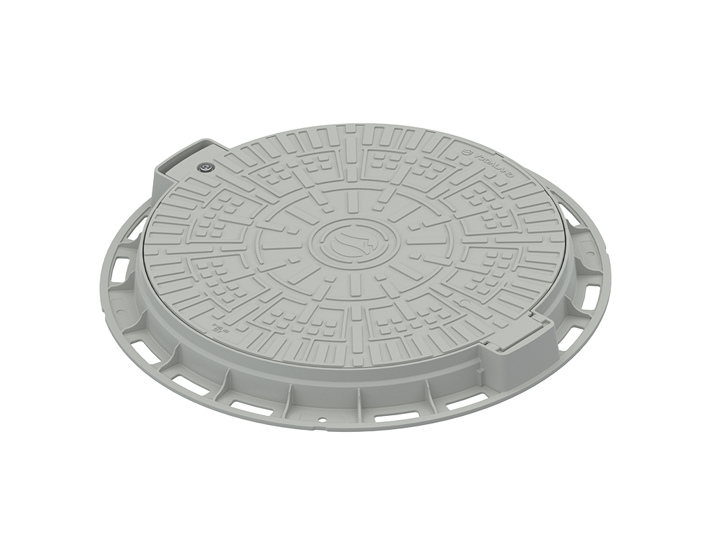 Capac plastic rotund gri Dext=800 mm, pas liber=600 mm, H=74 mm cu lacăt, clasa de sarcini A15