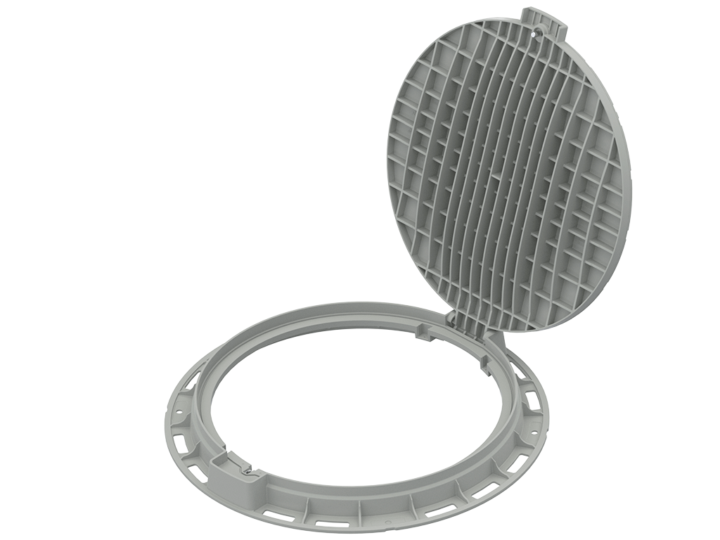 Capac plastic rotund gri Dext=800 mm, pas liber=600 mm, H=74 mm cu lacăt, clasa de sarcini A15