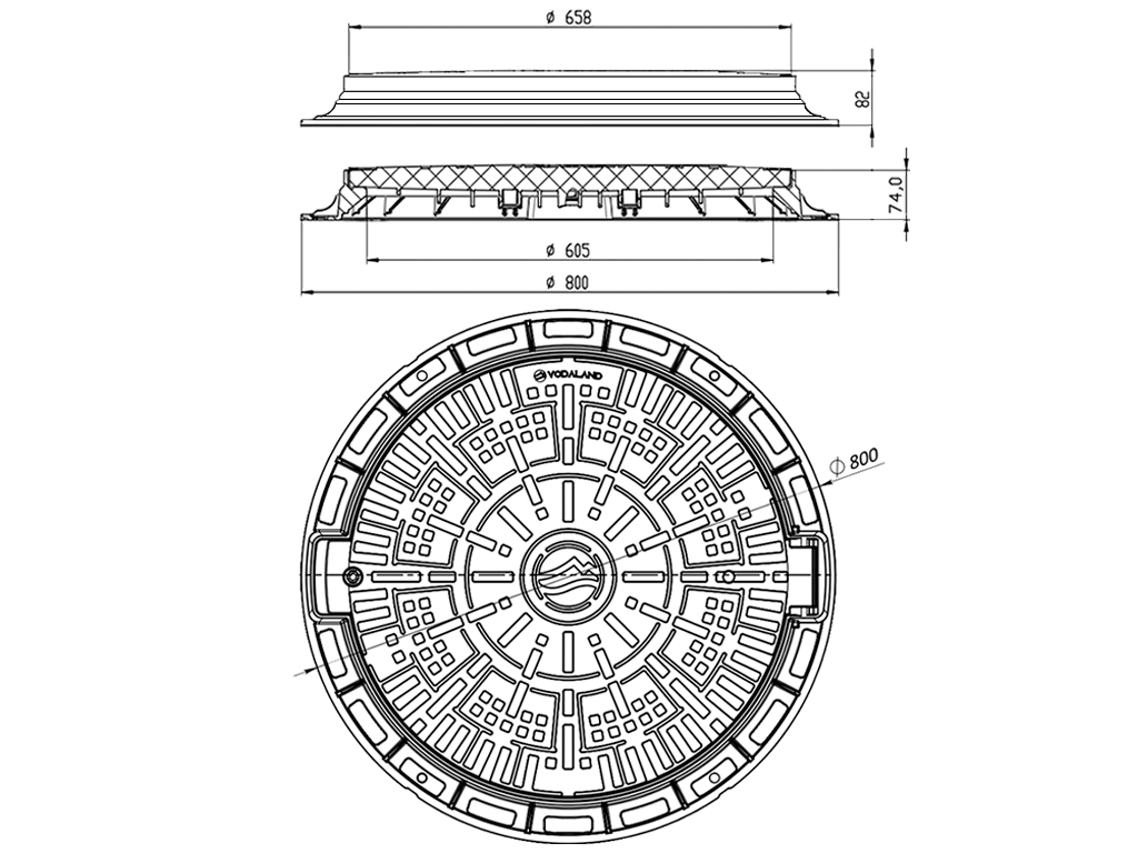 Capac plastic rotund gri Dext=800 mm, pas liber=600 mm, H=74 mm cu lacăt, clasa de sarcini A15