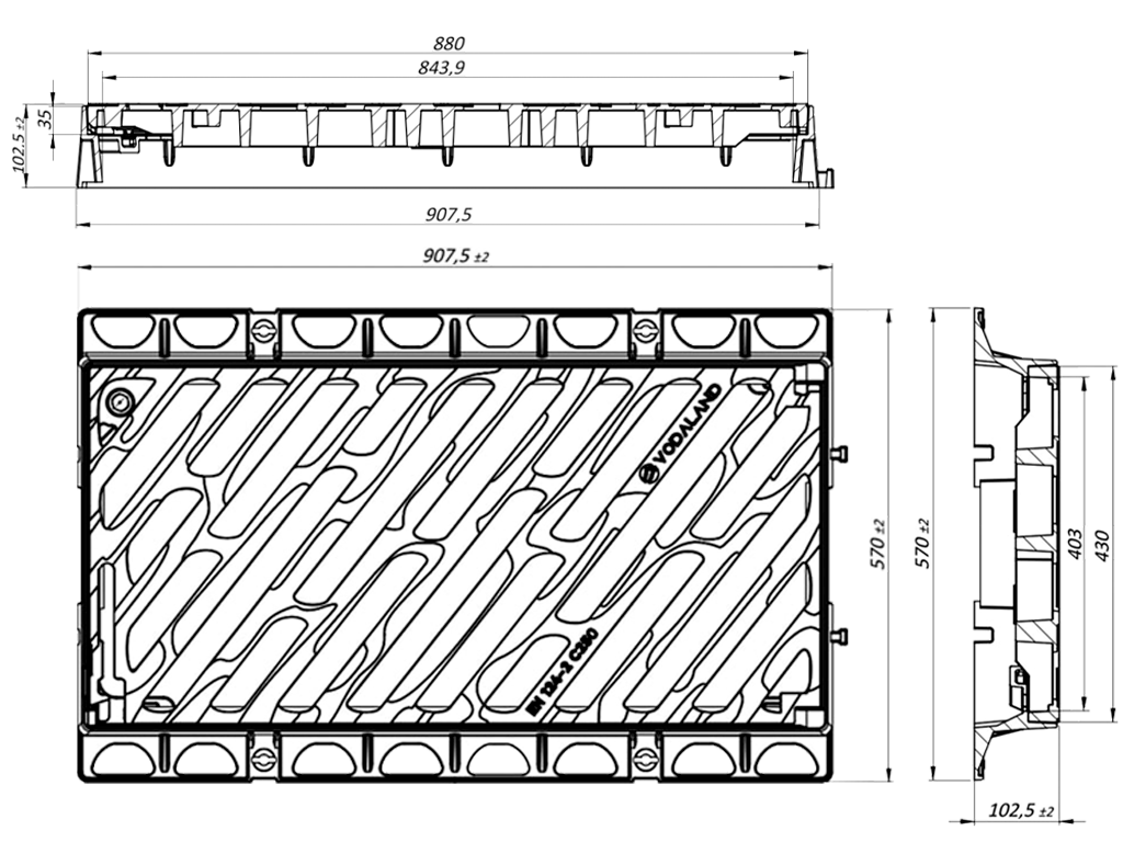 Решетка чугунная ливневая модульная с рамой 907x570xH102мм, класс нагрузки С250