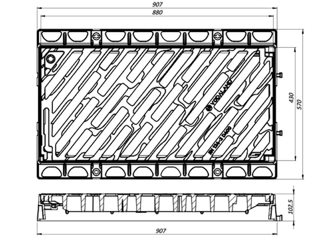 Решетка чугунная ливневая модульная с рамой 907x570xH102мм, класс нагрузки D400