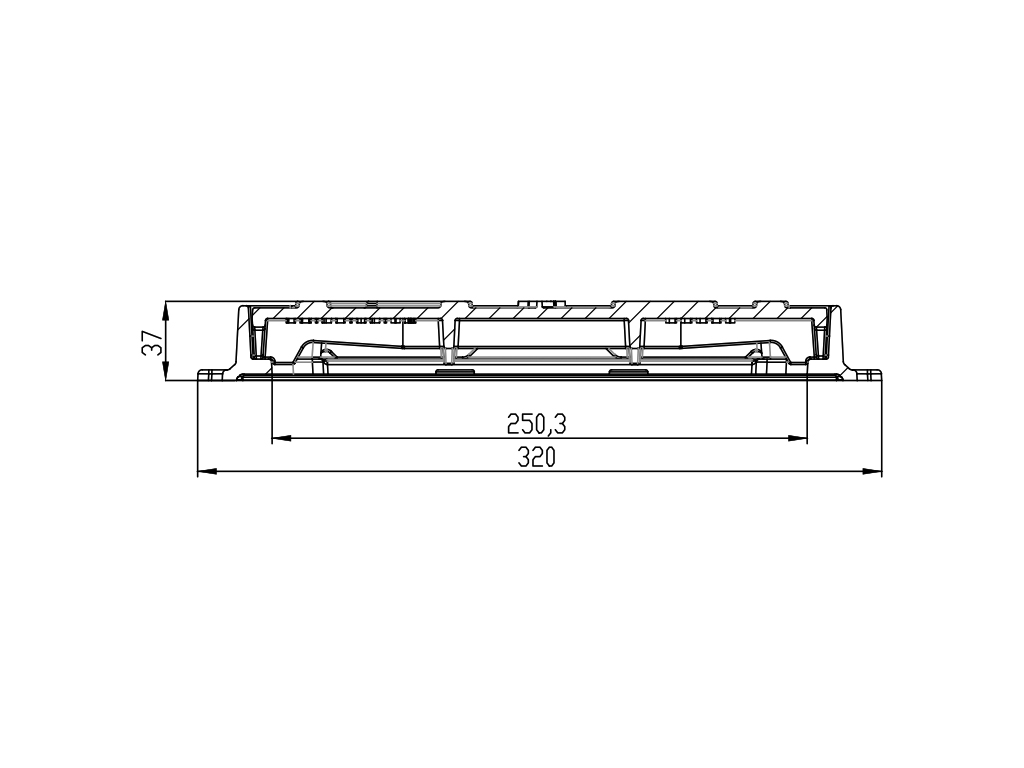 Capac fontă Urban pătrat cu rama 320x320 mm, pas liber 250x250 mm, H=37 mm, clasa de sarcini B125 EN 124-2:2016