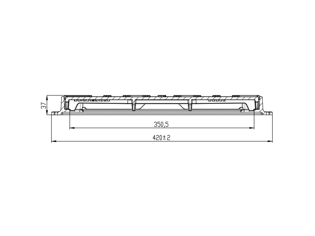 Capac fontă Urban pătrat cu rama 420x420 mm, pas liber 350x350 mm, H=37 mm, clasa de sarcini B125 EN 124-2:2016
