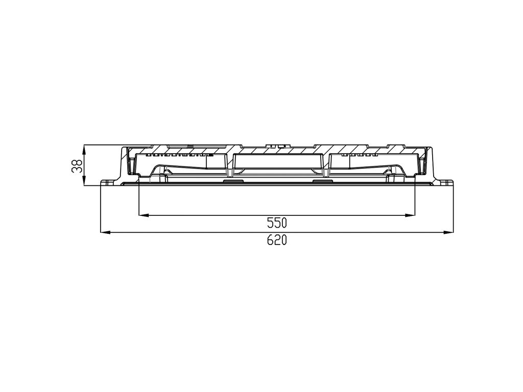 Capac fontă Urban pătrat cu rama 620x620 mm, pas liber 550x550 mm, H=38 mm, clasa de sarcini B125 EN 124-2:2016