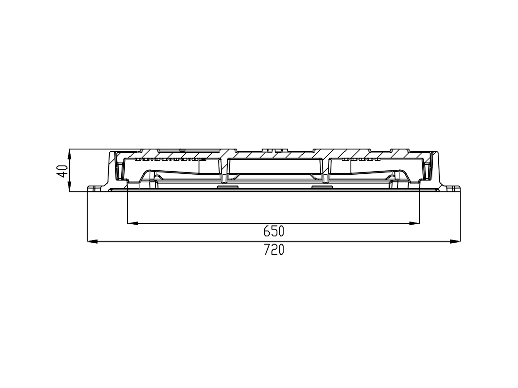 Capac fontă Urban pătrat cu rama 720x720 mm, pas liber 650x650 mm, H=40 mm, clasa de sarcini B125 EN 124-2:2016