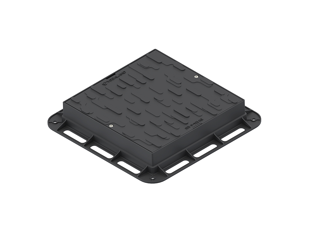 Capac din plastic negru pătrat 500x500 mm, H=80mm, pas liber 330x330mm, cu 2 lacate, clasa de sarcini A15 conform EN124-6