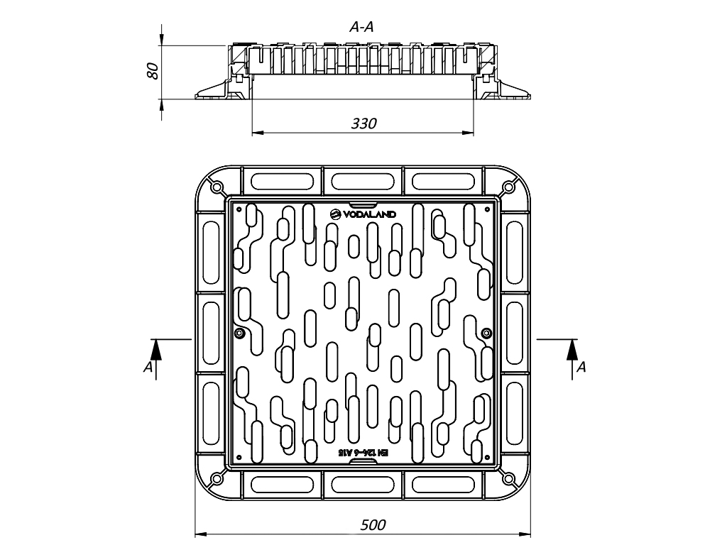 Capac din plastic negru pătrat 500x500 mm, H=80mm, pas liber 330x330mm, cu 2 lacate, clasa de sarcini A15 conform EN124-6