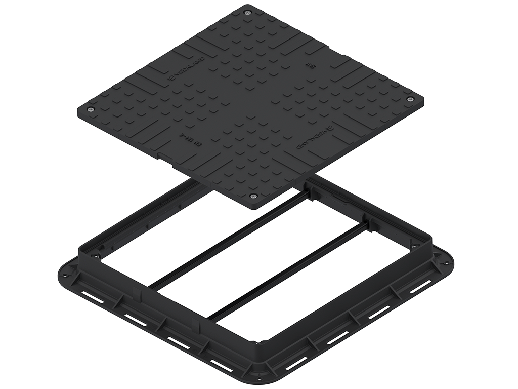 Capac plastic pentru grădina negru pătrat cu 4 lacăte (700x700x80) clasa de sarcini A15 pentru zone pietonale