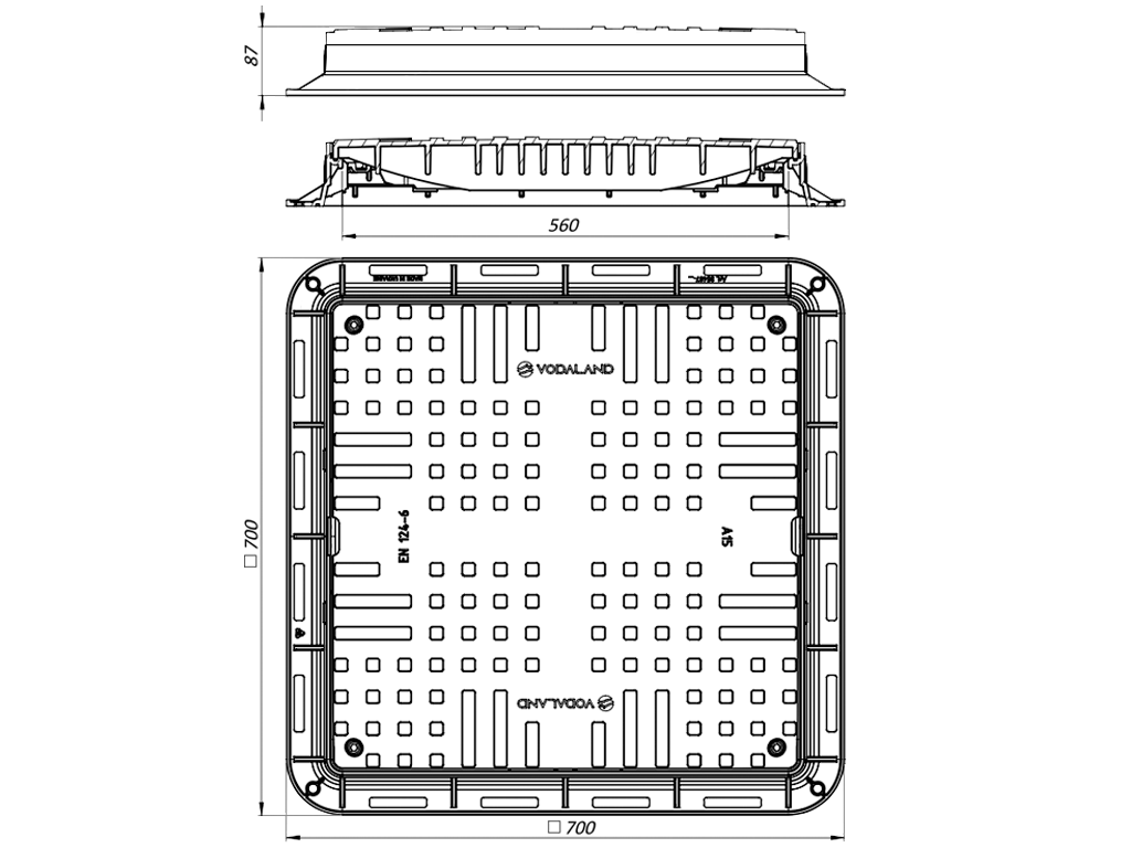 Люк квадратный пластиковый серый с 4 запорными устройствами (700x700x80) A15