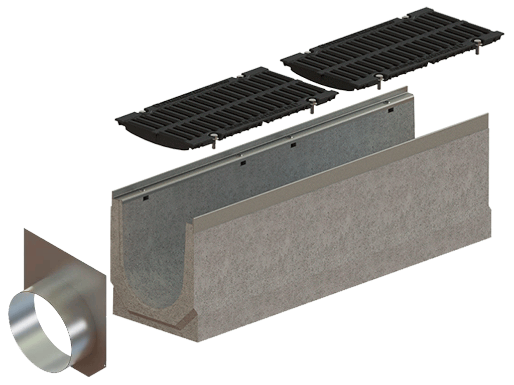 Заглушка торцевая стальная с водоотводом Д160 мм, для водоотводных лотков Betomax Pro DN200 H260-310