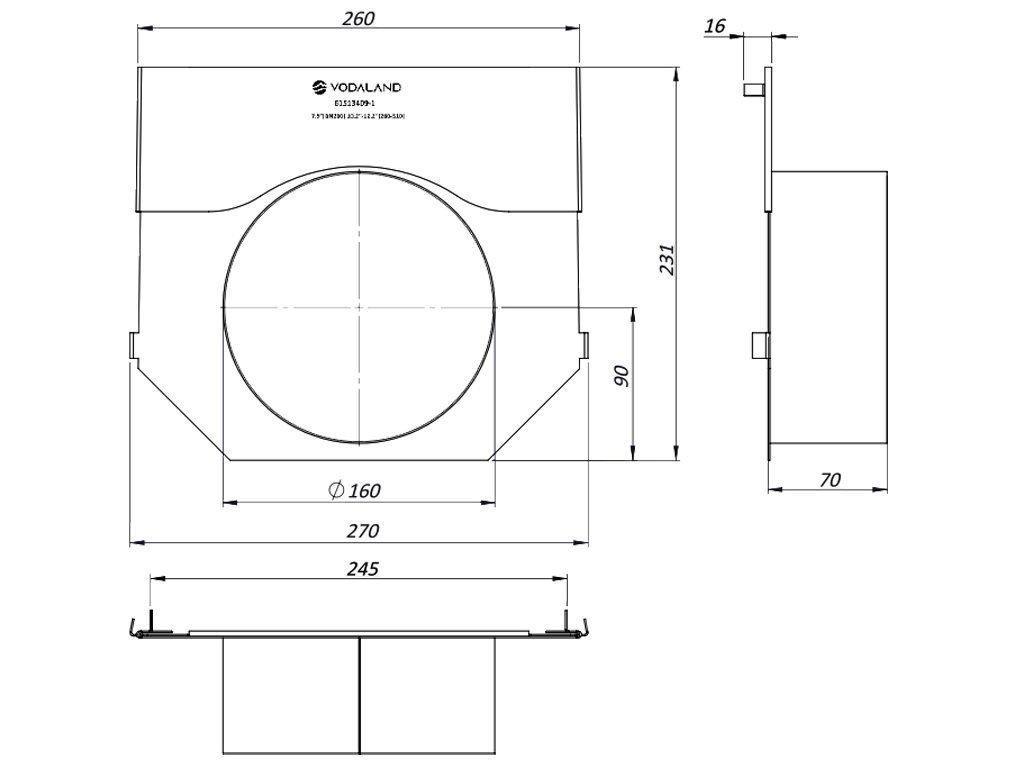 Заглушка торцевая стальная с водоотводом Д160 мм, для водоотводных лотков Betomax Pro DN200 H260-310