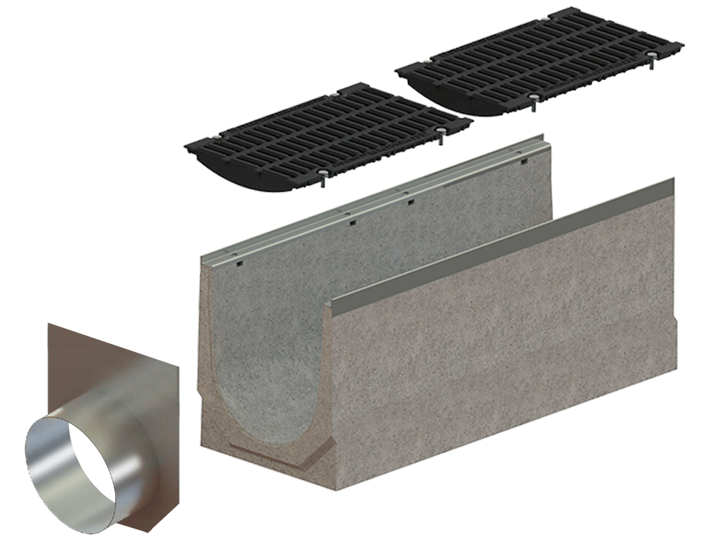 Заглушка торцевая стальная с водоотводом Д250 мм, для водоотводных лотков Betomax Pro DN300 H360-410