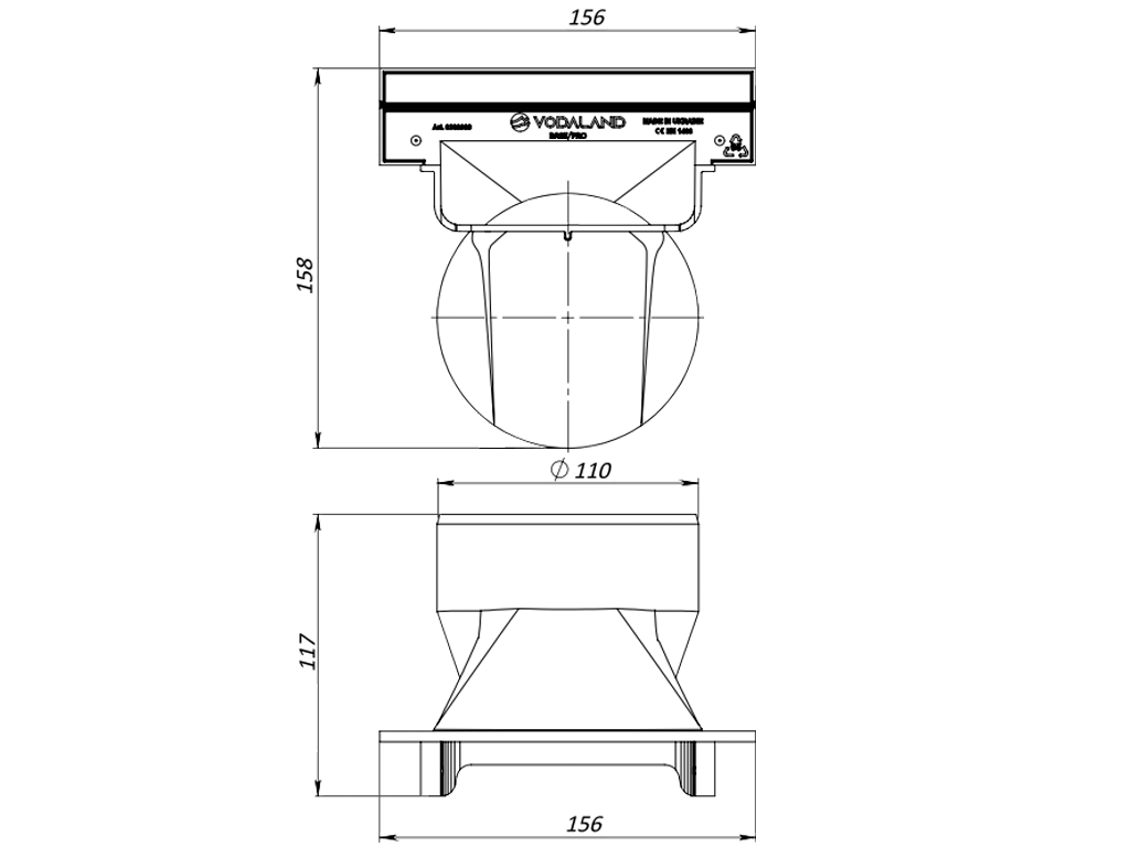 Racord din polipropilenă PolyMax BASE cu iesire la teava D110mm, pentru rigole PolyMax BASIC DN100 H60/H75