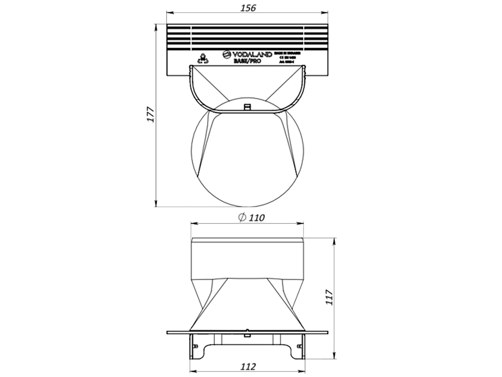 Заглушка пластиковая с выпуском 110мм для лотков пластиковых Base DN100 H80/H97