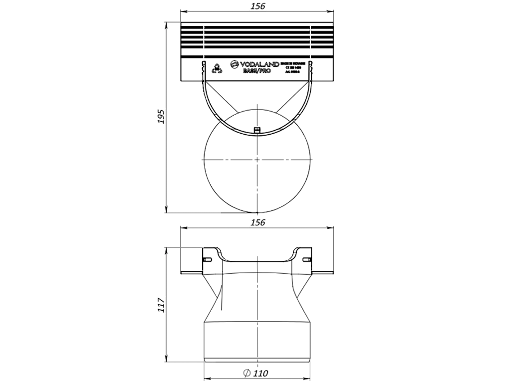 Racord din polipropilenă PolyMax BASE cu iesire la teava D110mm, pentru rigole PolyMax BASIC DN100 H120/H135