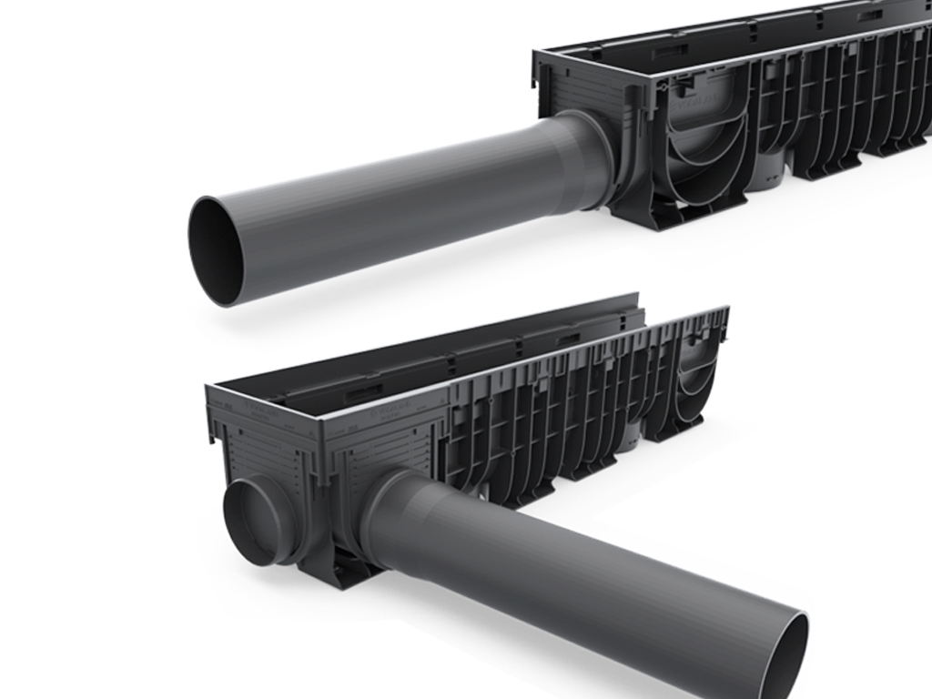 Piesă capăt din plastic cu șablon racordare la țeava D=110 mm pentru rigolă BASE DN150 H200