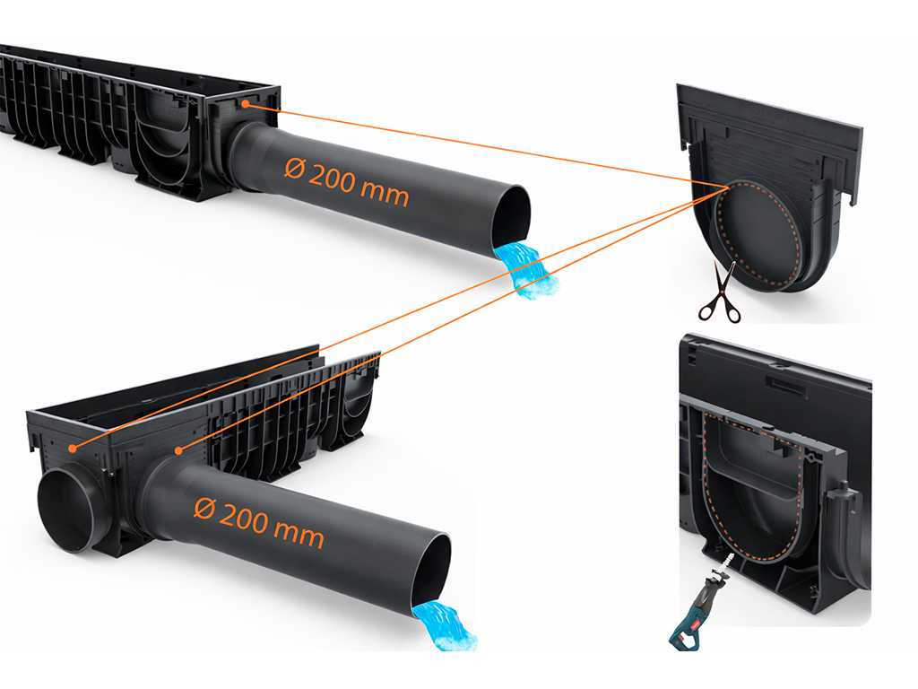 Заглушка пластиковая с шаблоном под трубу Д=200 мм для лотков водоотводных BASE DN200 H300