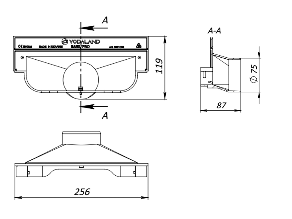 Заглушка пластиковая с раструбом под трубу Д=75 мм для лотков водоотводных BASE DN200 H100