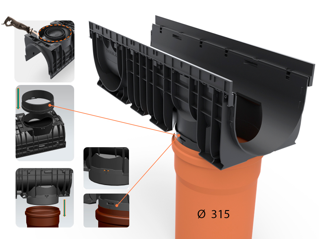 Адаптер для вертикального подключения к трубе Д=315 мм из водоотводных лотков Base DN300