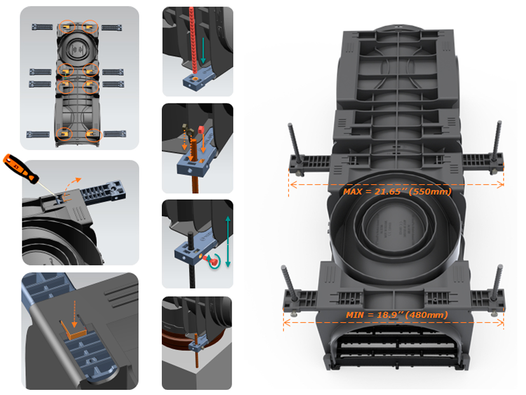 Пластиковый кронштейн (170×48×H19 мм) для профессионального монтажа водоотводных лотков BASE DN150, DN200, DN300