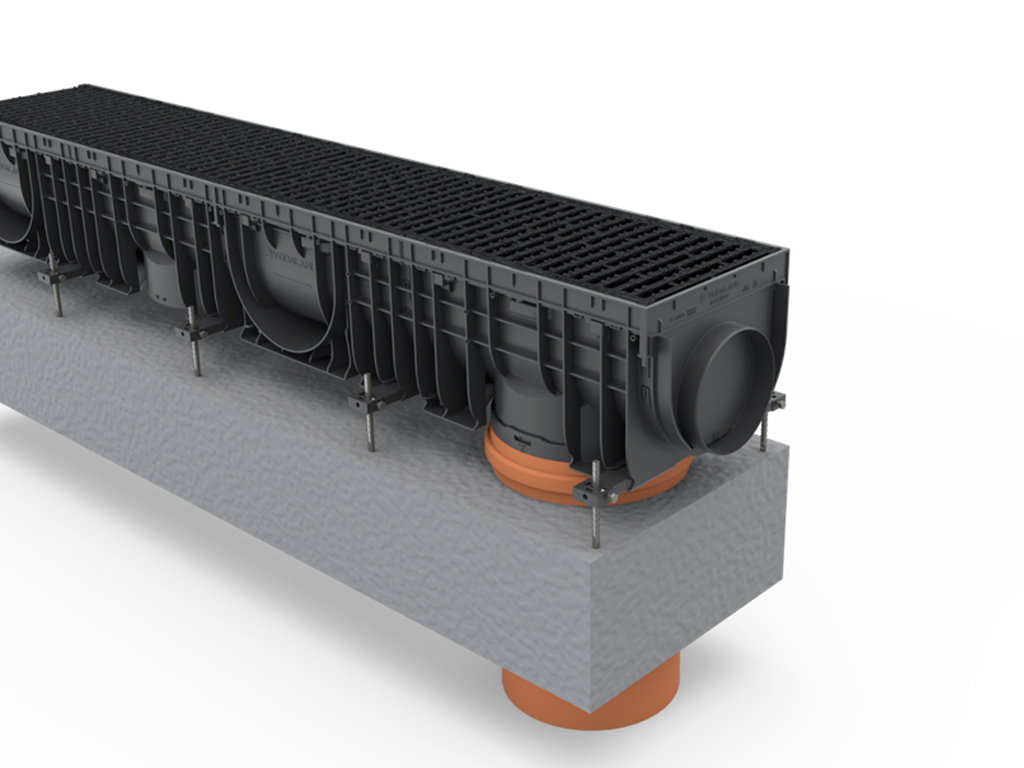 Пластиковый кронштейн (170×48×H19 мм) для профессионального монтажа водоотводных лотков BASE DN150, DN200, DN300
