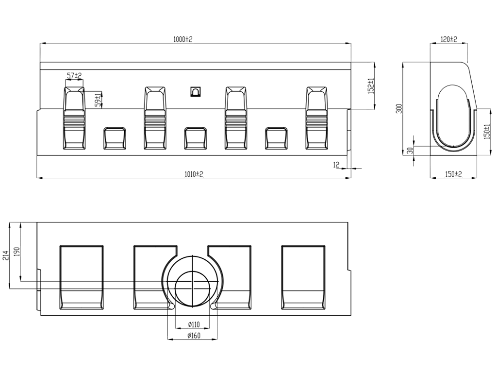 Бордюр водоотводный полимербетонный Compomax DN100 H300 (1000x150x300)