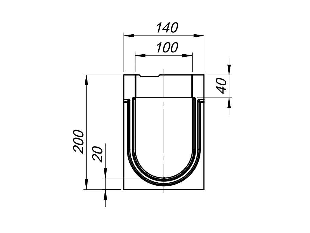 Rigolă din polimerbeton Monoblock Mono DN100 H200 cu fantă decalată (1000x140x200), clasa de sarcini C250