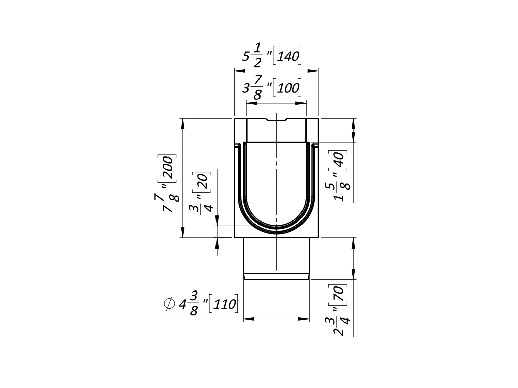 Полимербетонный моноблок Mono DN100 H200 с центральными водоотводными щелями и выпуском Д=110 мм, класс нагрузки С250