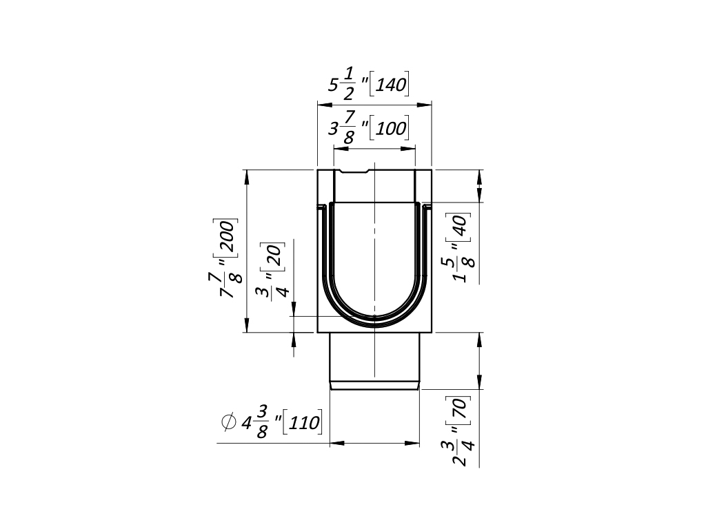 Полимербетонный моноблок Mono DN100 H200 с смещенными водоотводными щелями и выпуском Д=110 мм, класс нагрузки С250