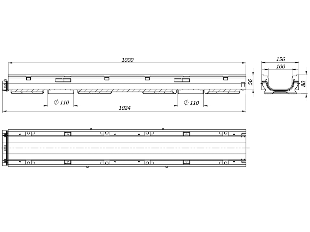 Дренажный водоотводный лоток PolyMax Basic DN100 H80, модернизированный (1000x156x80)