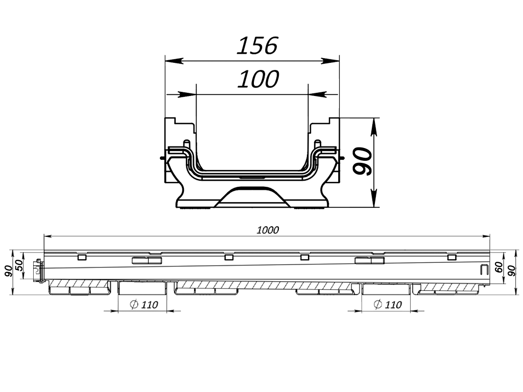 Дренажный водоотводный лоток BASE DN100 с внутренним уклоном H90мм (H50-H60мм) №2