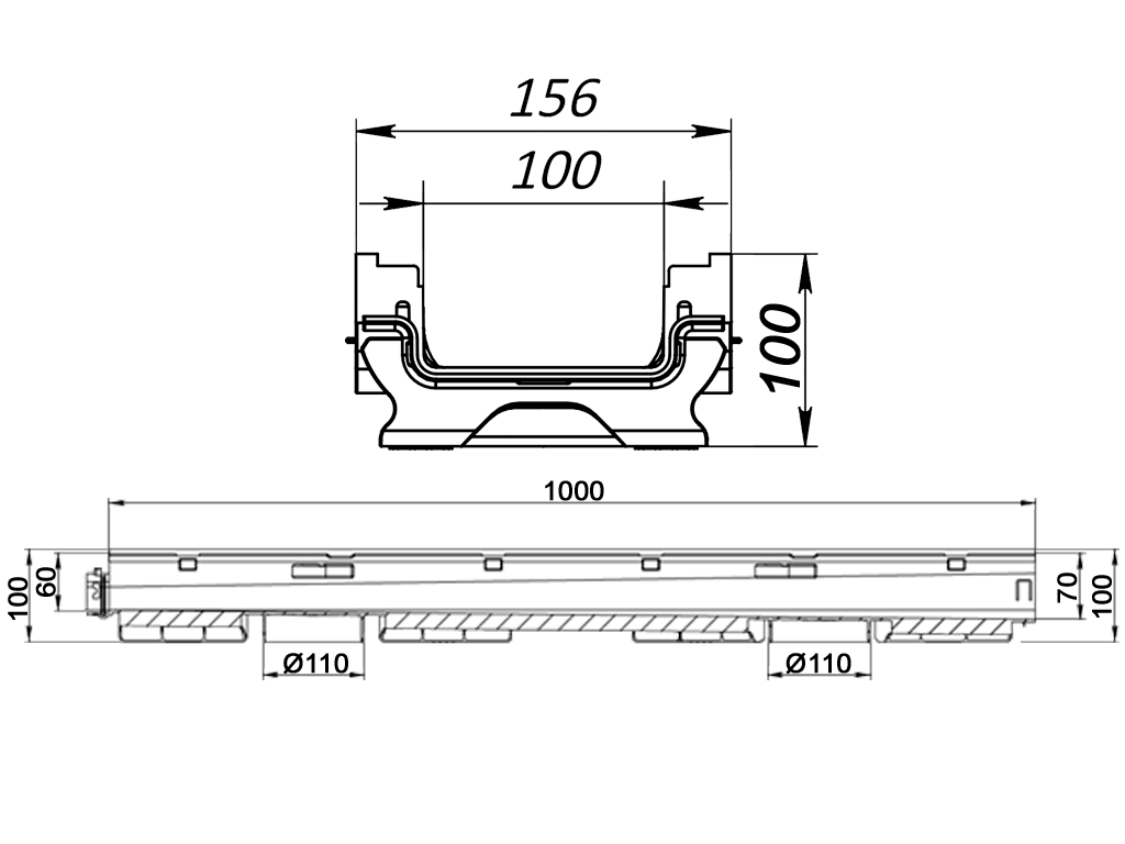 Дренажный водоотводный лоток BASE DN100 с внутренним уклоном H100мм (H60-H70мм) №3