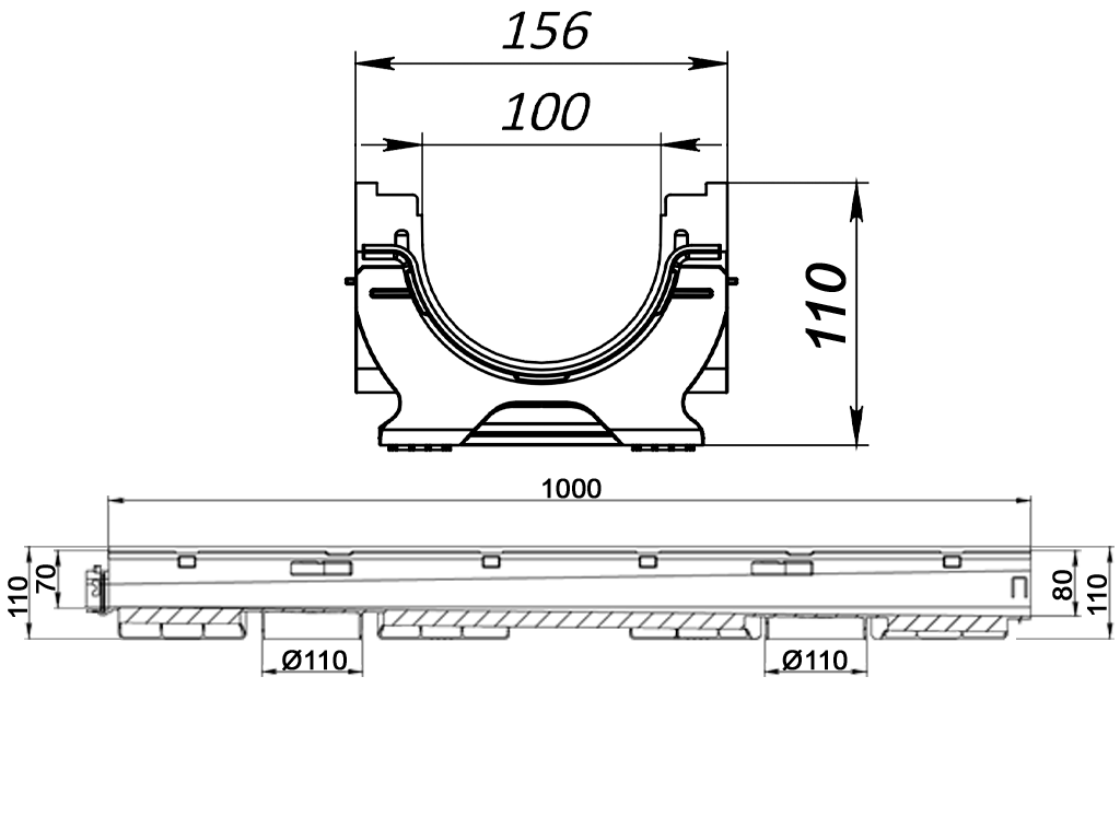 Дренажный водоотводный лоток BASE DN100 с внутренним уклоном H110мм (H70-H80мм) №4