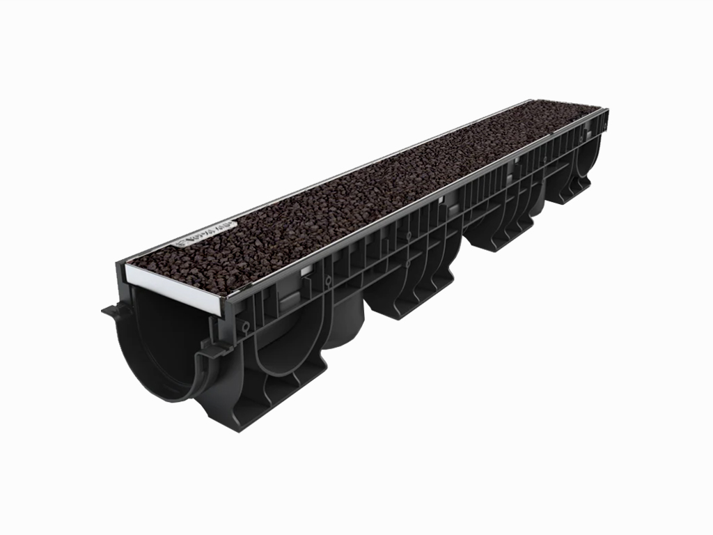 Rigolă pluvială Base DN100 H135 cu grătar din polimerbeton (Dark) cu cadru din INOX, clasa de sarcini A15 (1000x156x135)