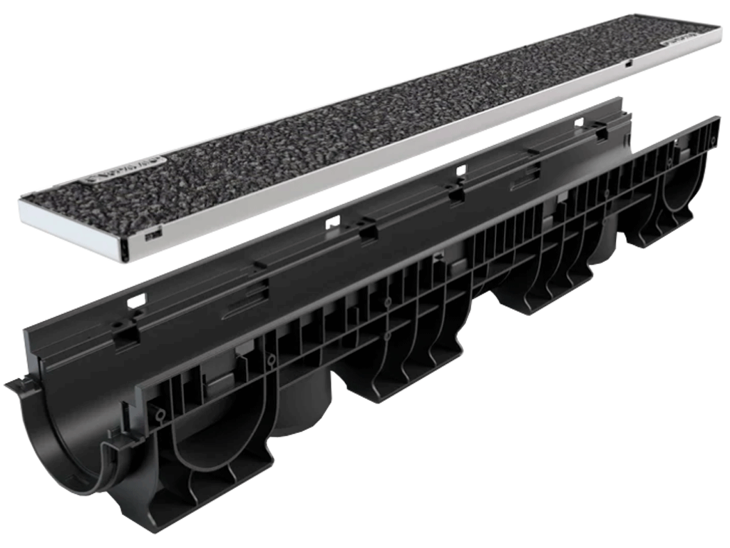 Rigolă pluvială Base DN100 H135 cu grătar din polimerbeton (Dark) cu cadru din INOX, clasa de sarcini A15 (1000x156x135)